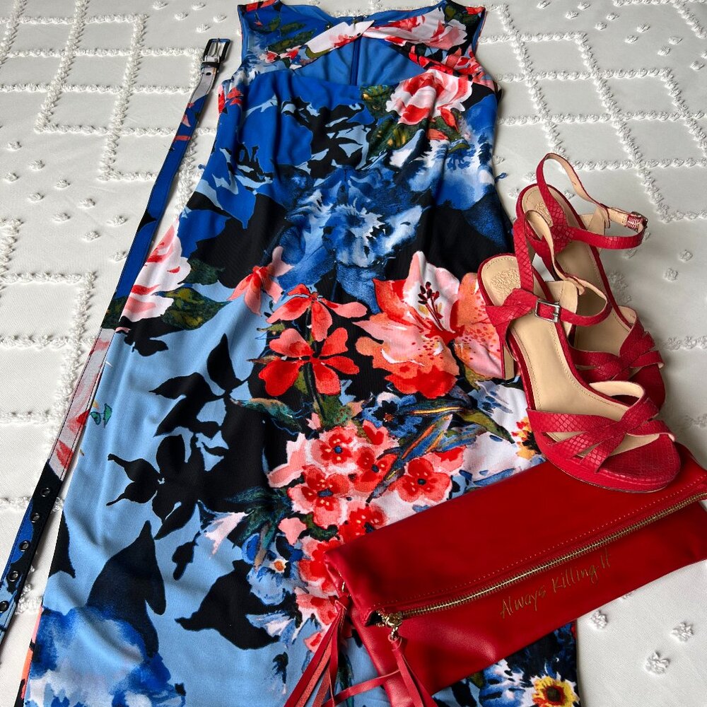 CACHE Midi Floral Print Diamond opening neck line Sheath Stretch Dress SIZE M